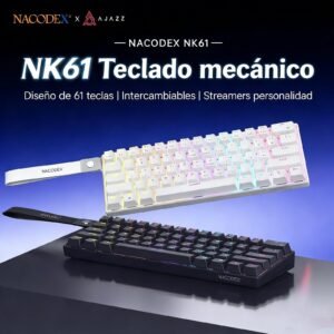 AJAZZ Mini 60% teclado mecánico de juegos 61 teclas teclado de oficina con cable ultra compacto NK61 teclado de computadora de oficina mecánico ergonómico interruptor rojo configuración pequeña enchufe de almacenamiento de escritorio portátil y juego adecuado para juegos y oficina
